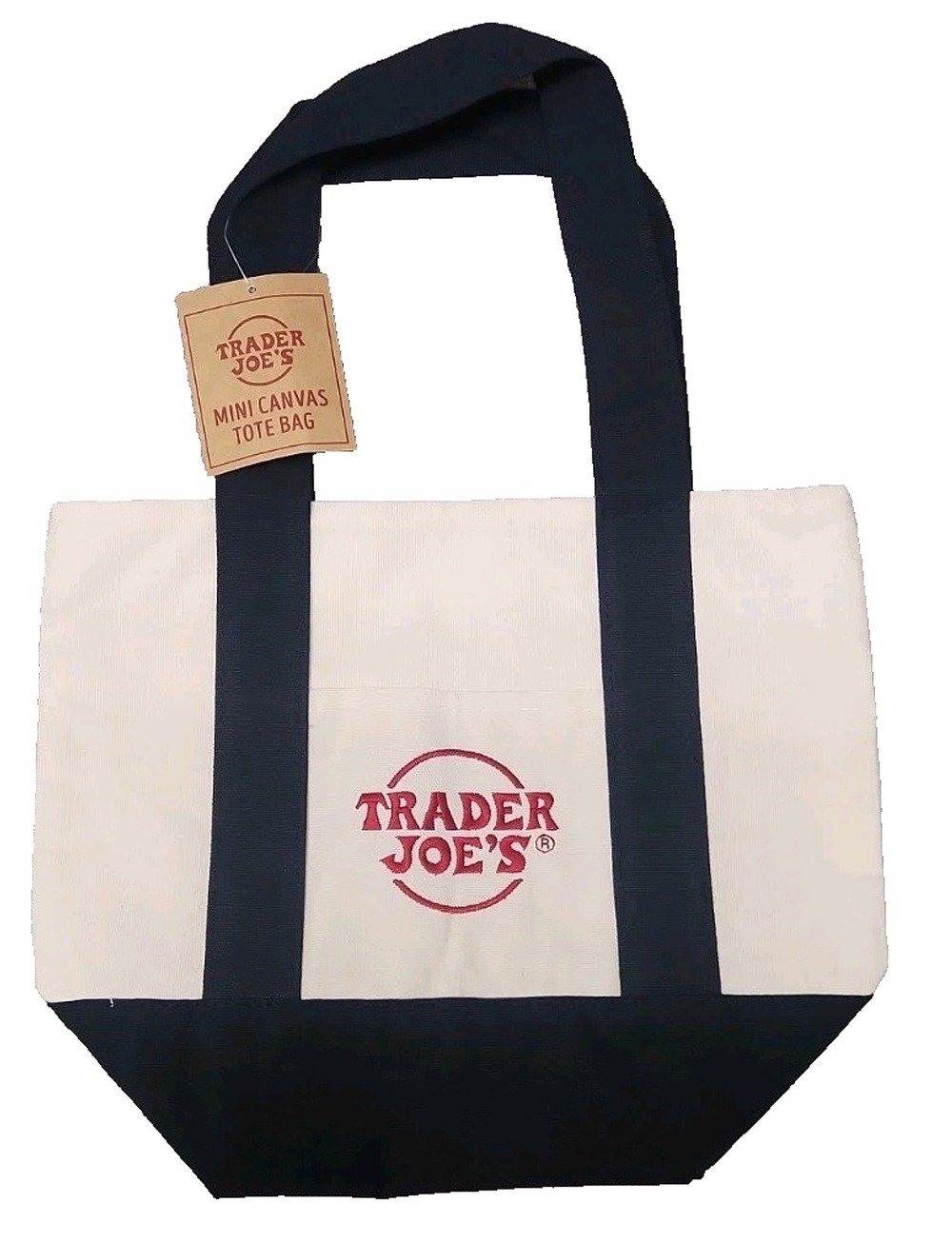 Trader Joe's Mini Tote Bag Canvas Shopper Navy Blue Cream 2 Pockets Red Logo NWT